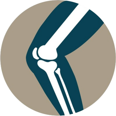 Icon of white knee logo surrounded by beige circle