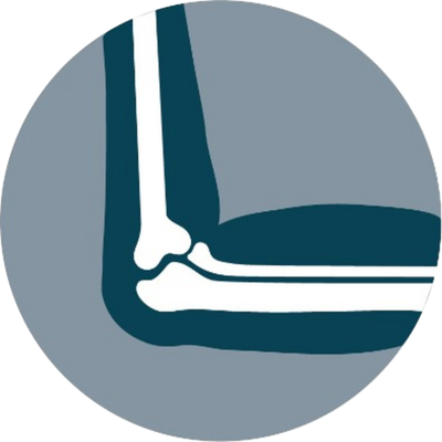 Icon of white elbow logo surrounded by gray circle