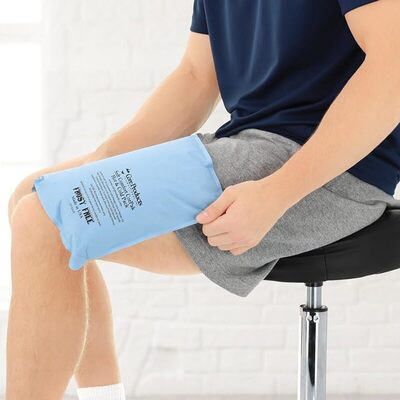 Blue ice pack folded over injured knee